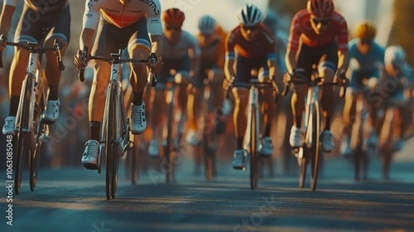 Fototapeta peloton of bicycle riders in a race in motion