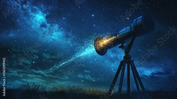 Fototapeta A space telescope glowing under the night sky, pointed