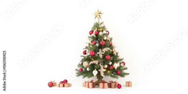 Fototapeta Beautiful and elegant Christmas tree decorated with shiny ornaments and a star on top, isolated on a pristine white background, white, shiny