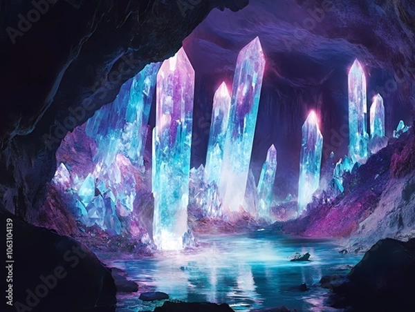 Fototapeta A mystical cave with glowing blue and purple crystals reflecting in a still lake.