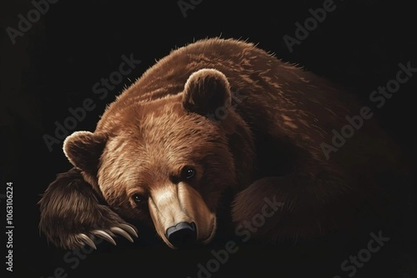 Fototapeta Close-up of a brown bear (Ursus arctos) lying down and isolated on a dark black background	