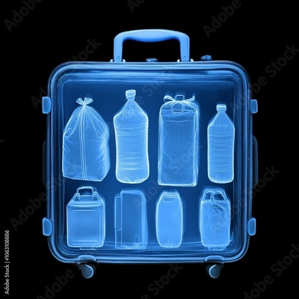 Fototapeta X-ray view of a suitcase filled with various bottles and containers.