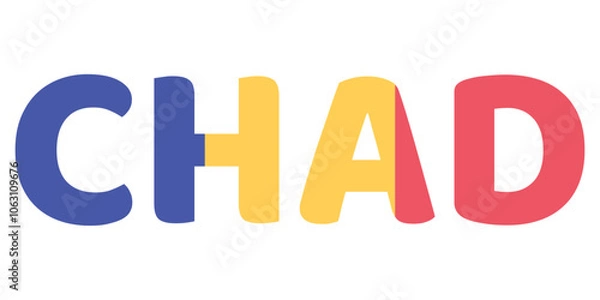 Fototapeta The word "CHAD" is displayed in large, bold letters. Each letter is colored differently. The colors represent the colors of the Chadian flag.