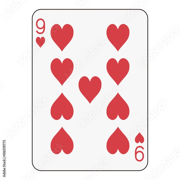 Fototapeta Nine of hearts playing card, traditional red heart design in classic layout.
