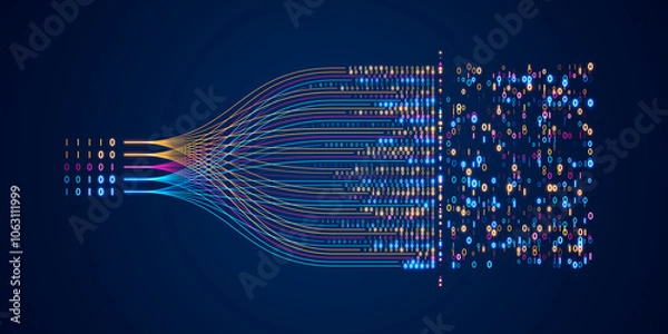 Fototapeta Data-driven AI and analytics concept with neural networks, machine learning, and big data stream. Illustrate data flow technology and science for predictive systems, ideal for innovation and business.