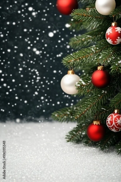 Fototapeta A decorated Christmas tree with ornaments and falling snowflakes.