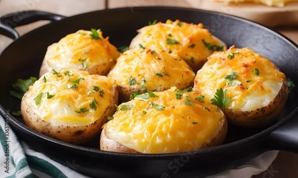 Fototapeta Cheesy baked potatoes cooked in a skillet, Generative AI