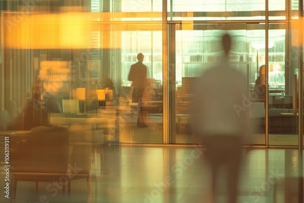Fototapeta A modern business office interior with blurred figures of people walking and a soft motion blur effect. Ideal for themes related to business,professionalism, teamwork, and modern office culture.