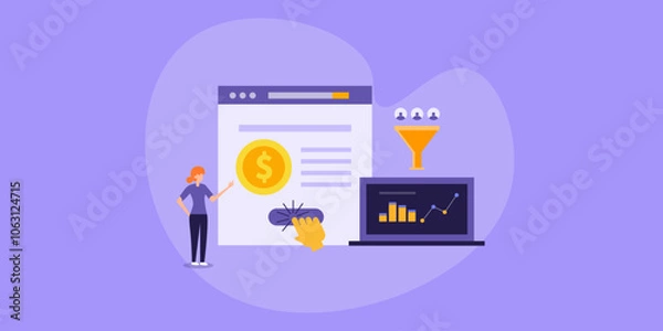 Fototapeta Pay per click marketing and website display advertising analytics information, sales funnel data and revenue graph on laptop screen, business character people vector illustration.