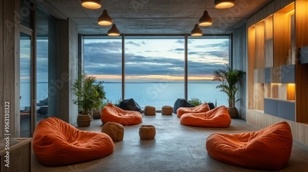 Fototapeta Relaxing office lounge area with bean bags and a wide window facing a calm sea, providing employees with a refreshing view.
