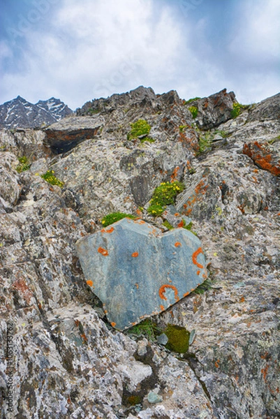 Fototapeta A Lovely Stone Heart Shape in mountains. Terskey Alatoo mountains.