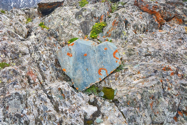 Fototapeta A Lovely Stone Heart Shape in mountains. Terskey Alatoo mountains.