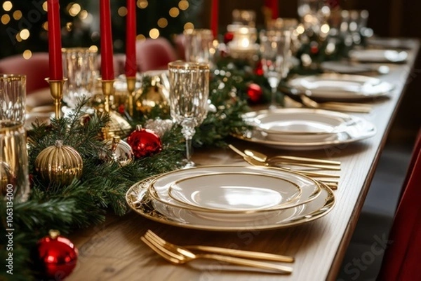 Fototapeta A lavishly set dining table with gold-rimmed plates, red candles, and ornate greenery creates a sophisticated and festive atmosphere perfect for holiday celebrations.