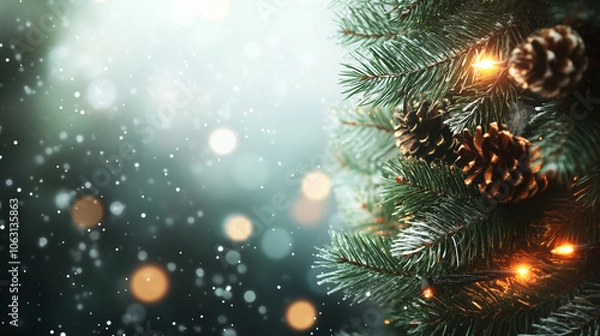 Fototapeta Christmas background card with copy space for tex and messages. Christmas background with bokeh lights, Christmas tree branches, with place for festive message, for holiday cards and Christmas decor