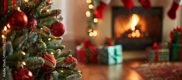 Fototapeta Christmas Tree and Fireplace