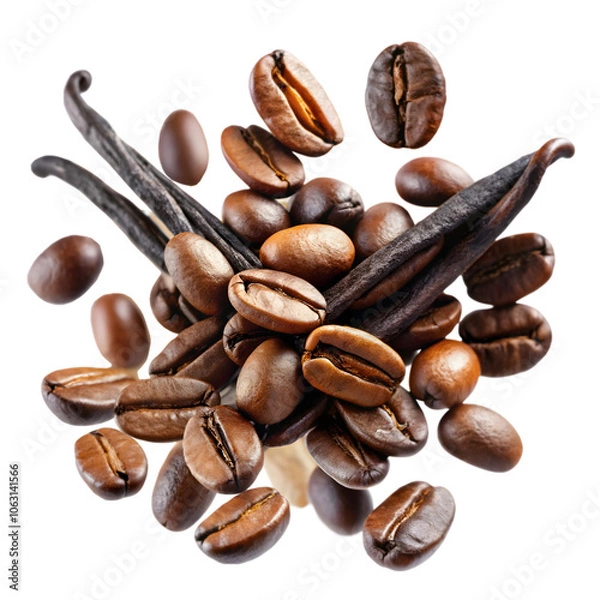 Fototapeta Coffee Beans with Vanilla Pods Floating, Rich Aroma. Perfect for: Café, mornings, coffee themes