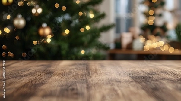 Fototapeta Close-up of a wooden table top with a blurred Christmas tree and lights in the background.
