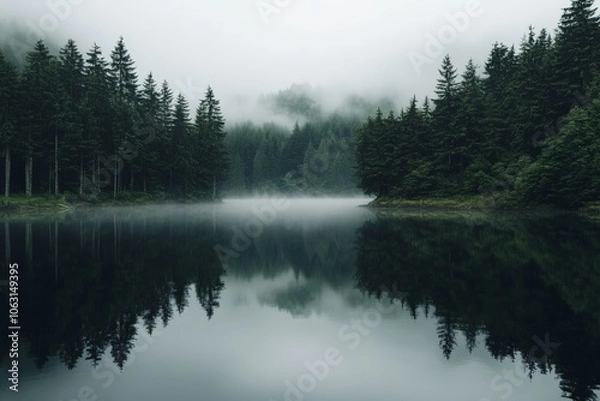 Fototapeta A reflective lake encircled by mist, with towering evergreens standing sentinel, evoking a profound sense of calm, introspection and untouched natural beauty.