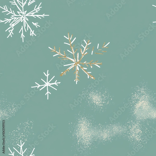 Fototapeta Christmas seamless pattern with white and gold snowflakes on green background. 