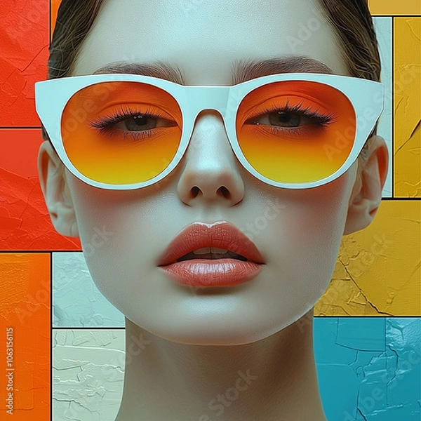 Obraz A close-up of a woman in oversized sunglasses, accented with vibrant orange circles.