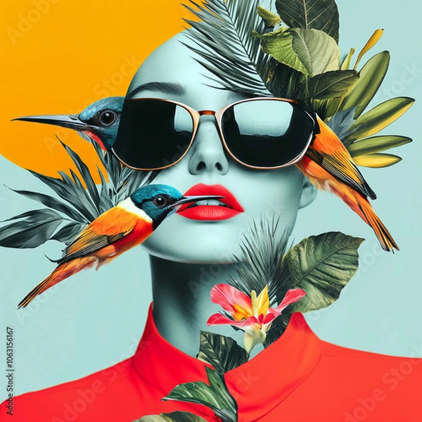 Obraz A woman's face with abstract plant elements and birds, blending fashion and nature in a surreal style.