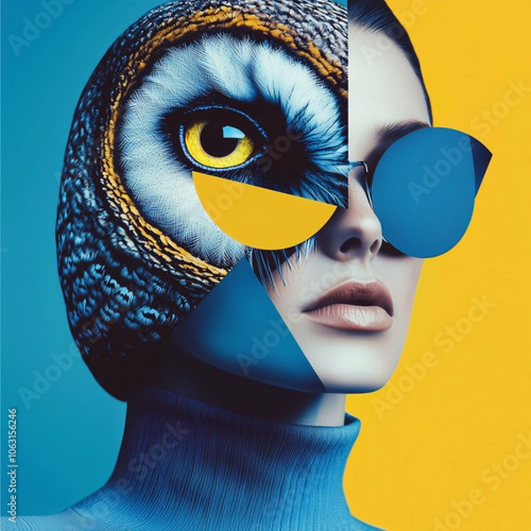 Obraz A woman with bold makeup overlaid with a striking owl face in vibrant blue and yellow tones.