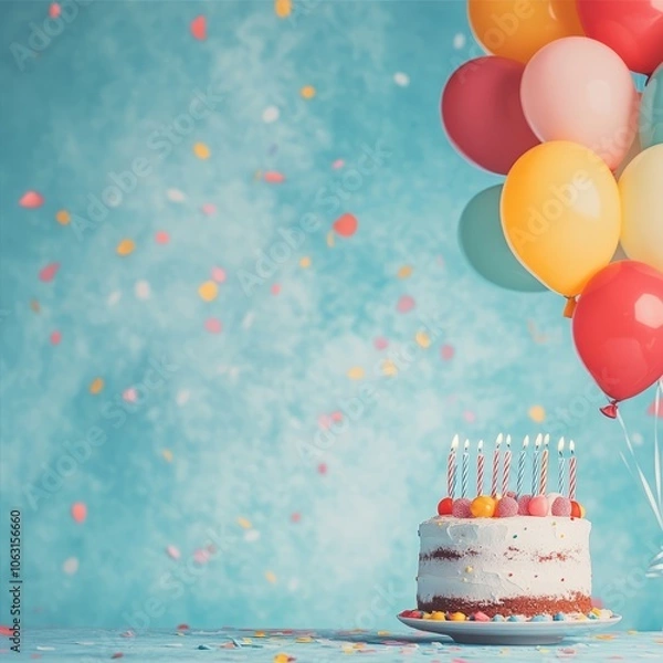 Fototapeta A festive birthday scene featuring a cake, balloons, and confetti.