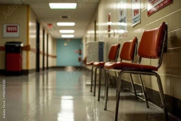 Fototapeta Empty Hospital Corridor with Red Chairs Highlighting Calmness and Anticipation