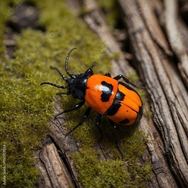 Fototapeta Tiny Wonders: The American Burying Beetle on a Soft Moss Carpet