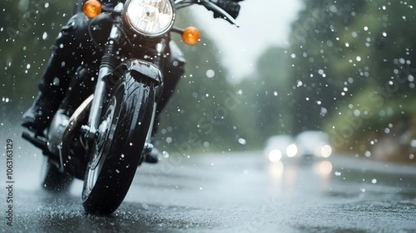 Obraz A motorcycle rides through rain-soaked streets, showcasing the dynamic energy of a wet weather journey.