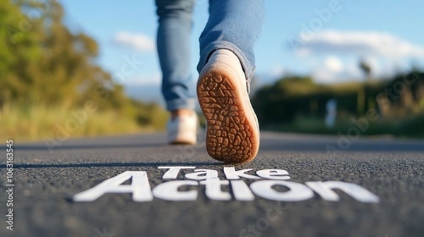 Obraz A person walking on a road with the motivational phrase 'Take Action' written on the ground, symbolizing progress and determination.