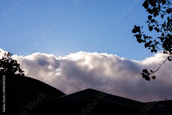 Fototapeta A beautiful blue sky with light gray and white clouds forms a backdrop for silhouetted black rooftops, set against backlighting, with tree branches adding depth to the tranquil rural scene