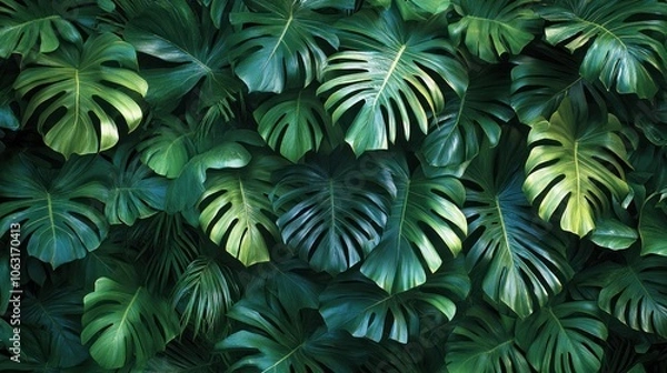 Fototapeta A dense tropical leaf wall covered with palm and banana leaves creates a refreshing tropical forest atmosphere.
