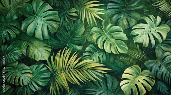 Fototapeta A dense tropical leaf wall covered with palm and banana leaves creates a refreshing tropical forest atmosphere.