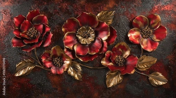 Obraz A set of three luxurious 3D floral wall art panels in red and gold, featuring highly detailed flowers with a metallic sheen