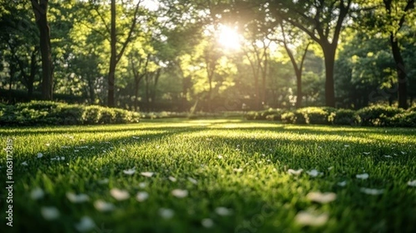 Fototapeta A lush landscape of fresh green grass and budding trees glowing in the soft spring sunlight