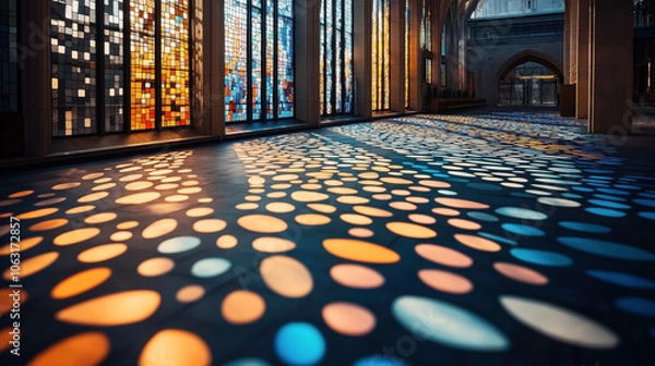 Fototapeta Interior of a building with colorful stained glass windows casting vibrant patterns of light and color onto the floor. The environment appears serene and architecturally detailed.