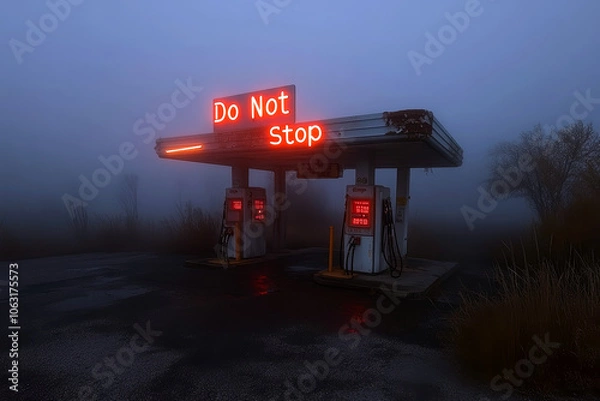Fototapeta Creepy gas station with "Do not stop" neon sign and surround by mist.