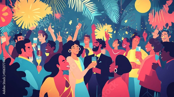 Obraz A colorful New Year's Eve party with people dancing, drinking, and having fun 