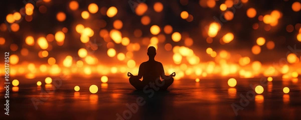 Fototapeta Silhouette of a person meditating with warm lights