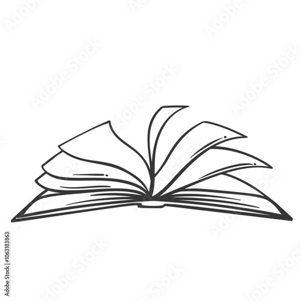 Fototapeta Open story book line icon. Outline hand drawn vintage paper school notebook with turning pages, side view. Reading literature, academic study mascot, simple library book icon vector illustration