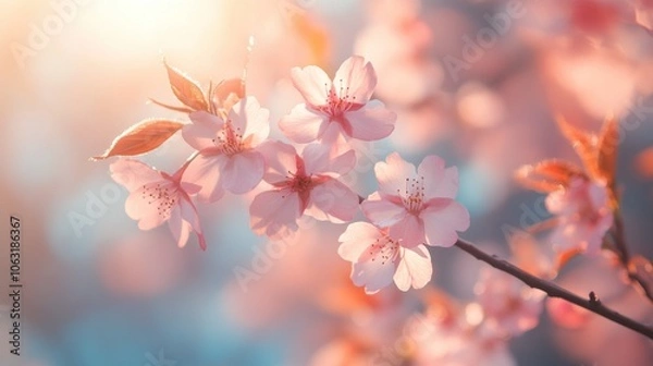 Fototapeta Close-up of cherry blossom branches in full bloom, with delicate pink petals glowing in the soft spring sunlight