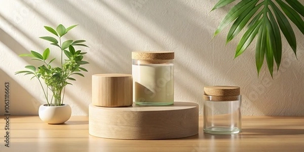 Obraz Minimalist Product Display with Wooden Podium and Sunlight, product mockup, display, minimal,
