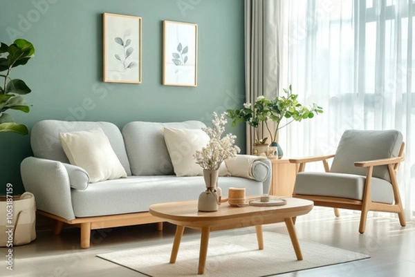 Obraz Wooden coffee table and chair. gray sofa against green wall