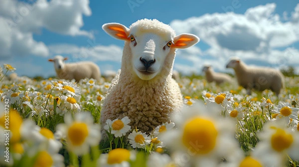 Obraz sheep on  the field of flowers, surrounding and looking down at the camera
