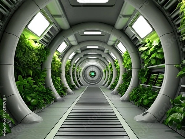 Fototapeta A futuristic hallway featuring sleek, metallic walls and lush green plants, creating a blend of technology and nature.