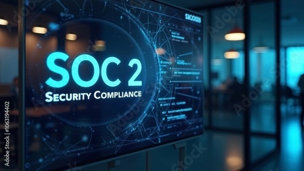 Fototapeta Digital Screen Showcasing SOC 2 Security Compliance in Modern Office Environment