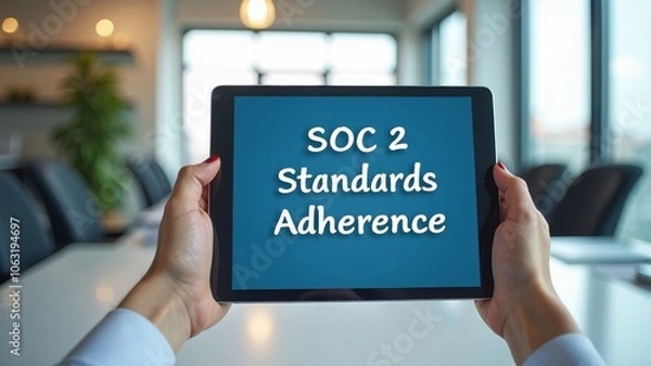 Fototapeta Ensuring Compliance: SOC 2 Standards on Tablet in Modern Office