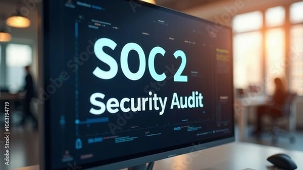 Fototapeta Corporate Setting: SOC 2 Security Audit Displayed on a Modern Screen
