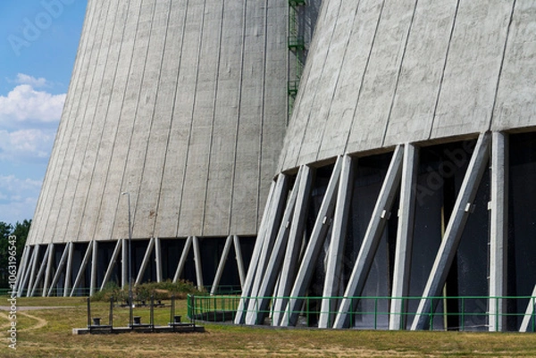 Obraz Cooling towers at nuclear power plant, energy self-sufficiency, greenhouse emission reduction and global warming concept, Dukovany, Czech Republic